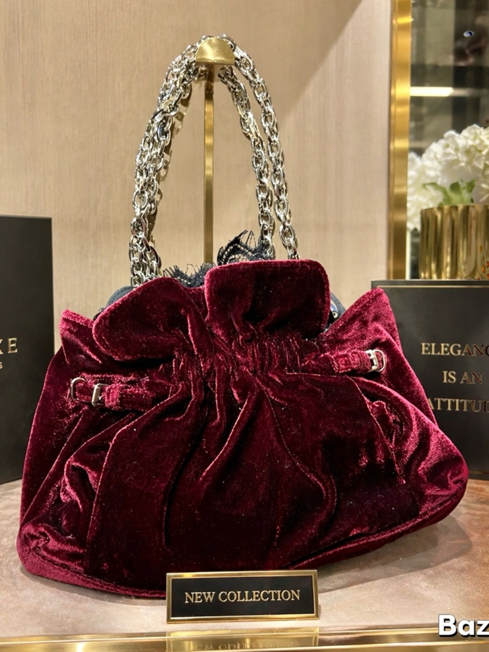 White House Black Market Red Velvet Satchel Bag W/ Black Lace & Silver Hardware